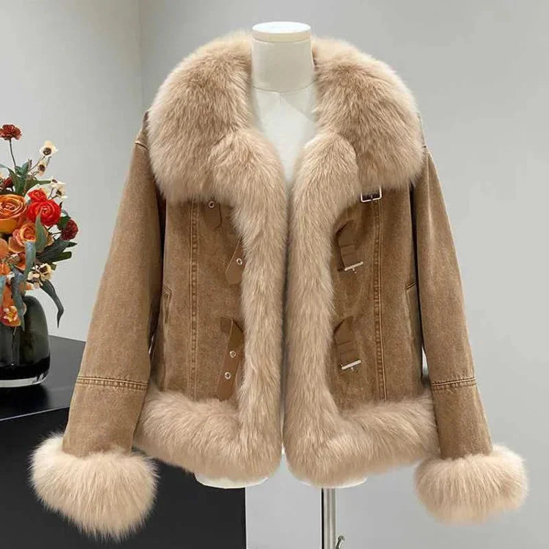 Abrigo de cuello polo de piel sintética para mujer, chaqueta de algodón, moda de otoño, color marrón francés, de felpa, extragrande, suelto y grueso, Top nuevo