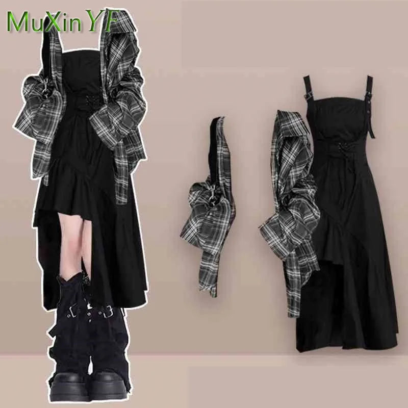 Conjunto de dos piezas de camisa a cuadros y vestido sexy irregular a juego, moda de verano/otoño, elegante cárdigan de estilo coreano con falda a rayas para mujer