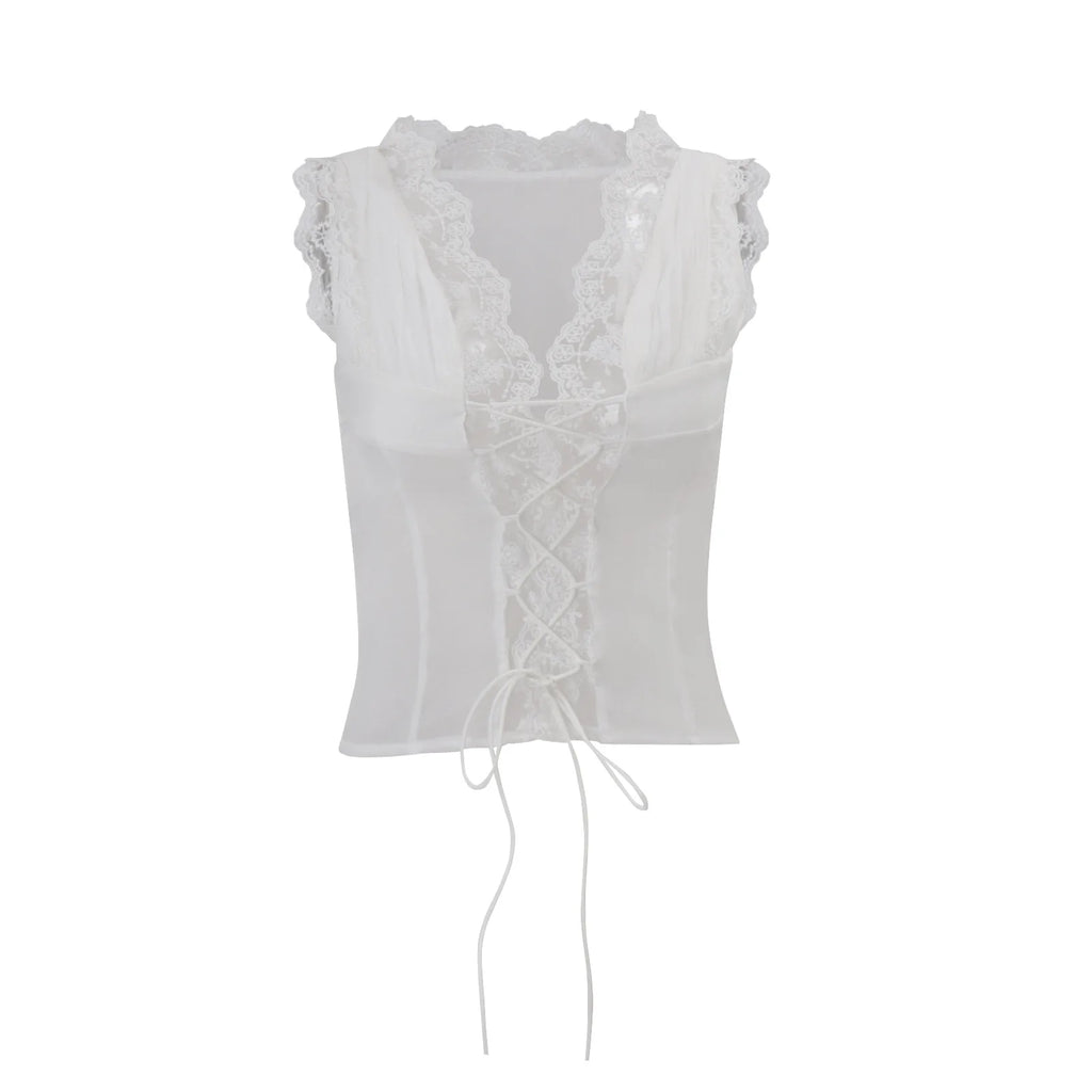 Deep V Sleeveless Lace Trim Top and Midi Skirt Set