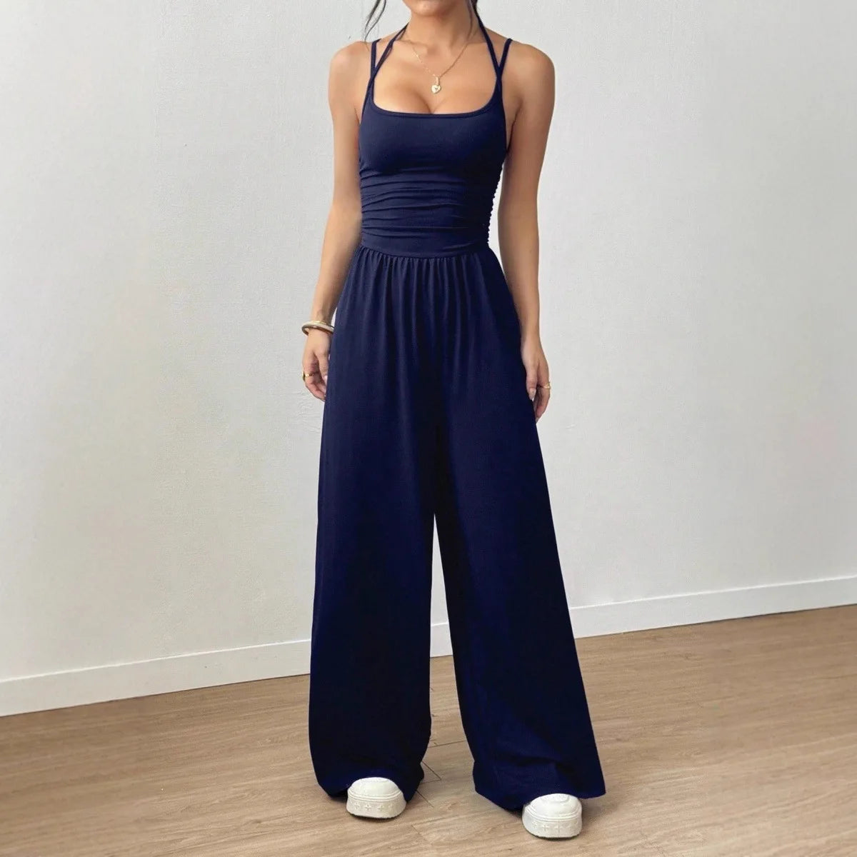 Solid Color Double-Strap Relaxed-Fit Jumpsuit