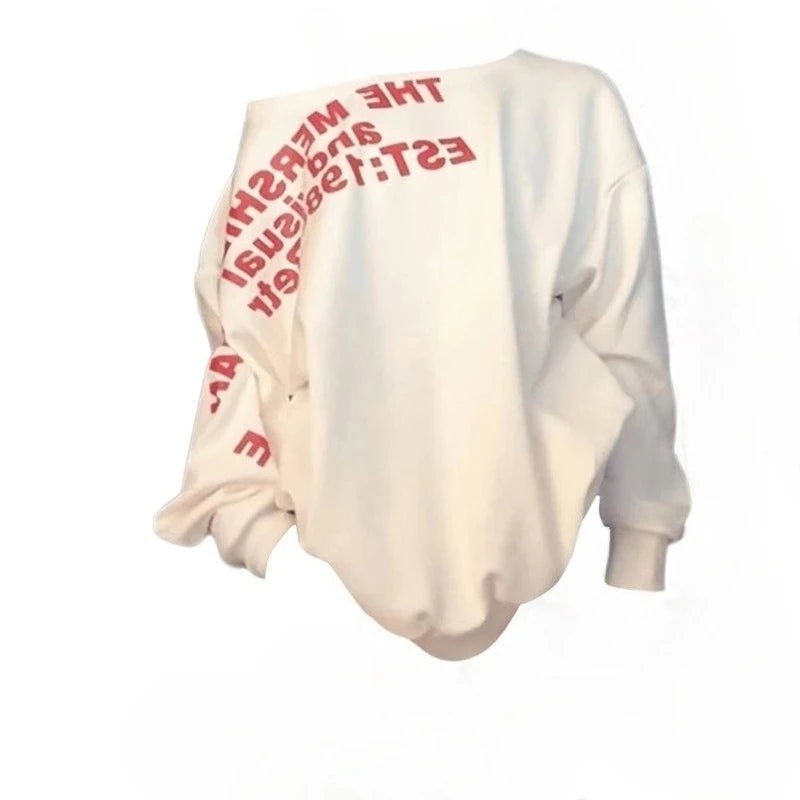 Letter Print Off-Shoulder Long Sleeve Top