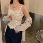 1 unidad de camiseta sin mangas corta con estampado francés de encaje para verano, corpiño, top tubo para mujer, elegante, entallado, chaleco corto, ropa de calle