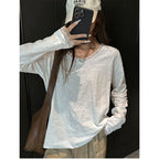 Camiseta Holgada de Talla Grande para Mujer, Negra, Blanca, Otoño, Encaje Suave, Cuello en V, Camiseta Coreana Urbana de Manga Larga, Jersey