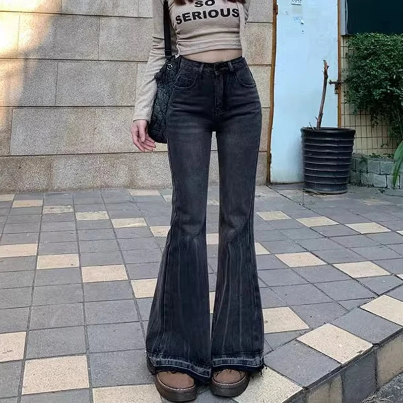 Vaqueros de mujer de cintura alta vintage casual acampanados elásticos ajustados campana pantalones de moda para mujer azul negro gris de mezclilla