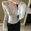 Lace Long Sleeve Plunge V-neck Bell-Sleeve Sheer Lace Crop Shirt