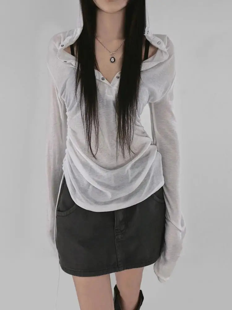 Seeslim Camiseta con Capucha Mujer Ropa Manga Larga Transparente Ajustada Ropa de los 2000 Camisetas Y2k Ropa Femenina Tops Elegantes de Primavera Coreanos