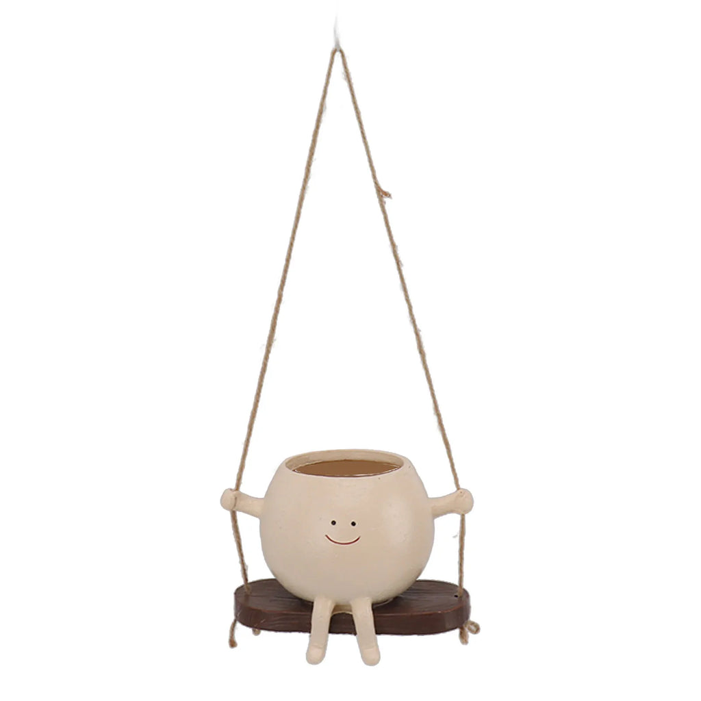 Swing Smile Face Flower Pot Resin Hanging Planter With Rope
