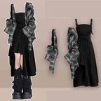 Conjunto de dos piezas de camisa a cuadros y vestido sexy irregular a juego, moda de verano/otoño, elegante cárdigan de estilo coreano con falda a rayas para mujer