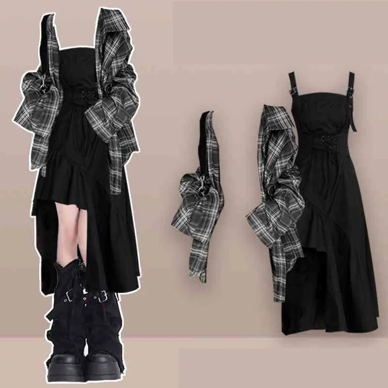 Conjunto de dos piezas de camisa a cuadros y vestido sexy irregular a juego, moda de verano/otoño, elegante cárdigan de estilo coreano con falda a rayas para mujer