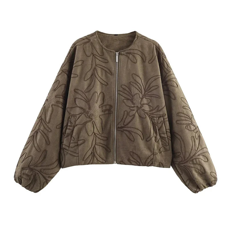 Chaqueta Bomber de Piel Sintética con Bordados para Mujer Suninheart 2025, de Manga Larga, Cuello Redondo, Holgada, Abrigo Corto de Otoño e Invierno
