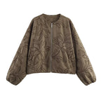 Chaqueta Bomber de Piel Sintética con Bordados para Mujer Suninheart 2025, de Manga Larga, Cuello Redondo, Holgada, Abrigo Corto de Otoño e Invierno