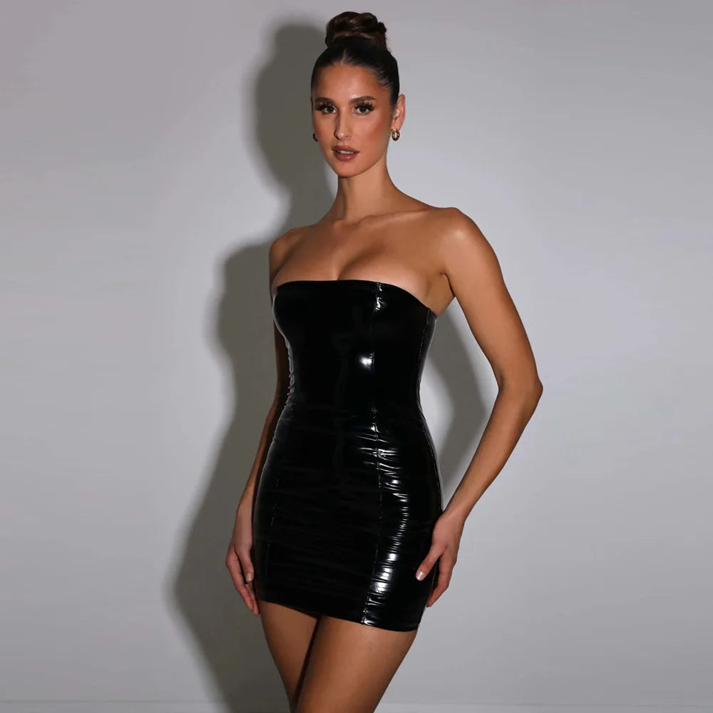 Strapless Bodycon Off Shoulder PU Leather Mini Dress