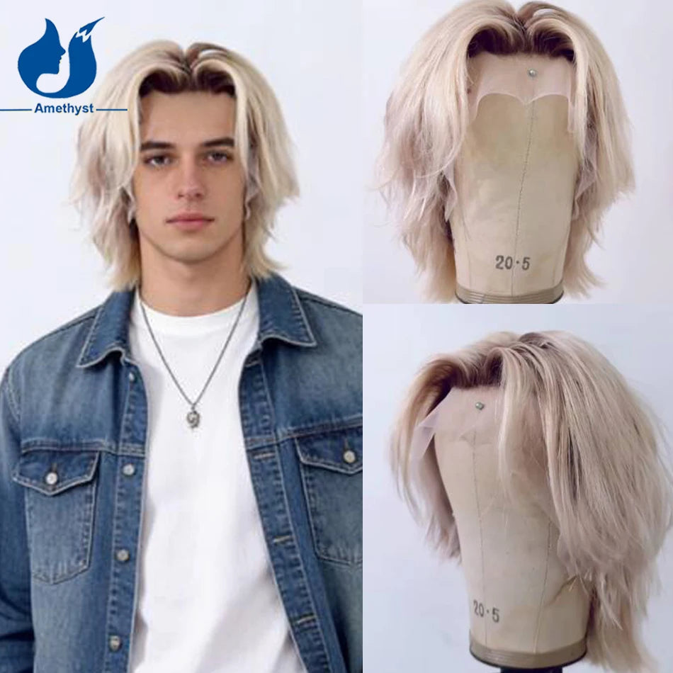 Amethyst Natural Wave Human Hair Wig for Men White Platinum Blonde with Dark Root Brazilian Remy Preplucked Short Boy Cut Wig
