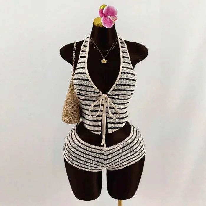 Knitted Lace up Slim Fit Halterneck Vest + Half-Length Shorts Set
