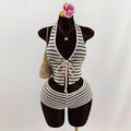 Knitted Lace up Slim Fit Halterneck Vest + Half-Length Shorts Set