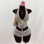 Knitted Lace up Slim Fit Halterneck Vest + Half-Length Shorts Set