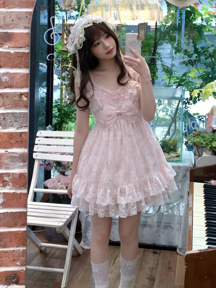 Lace Blouse Bow Sling Dress Two-Piece Set