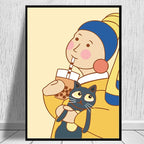 Funny Mona Lisa Bubble Tea Famous Portrait Cartoon Painting Nordic Canvas Art Print Poster Picture Wall Living Room Home Decor