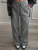 Pantalones de chándal grises para mujer, otoño, cintura alta, joggers, pantalones rectos, pantalones deportivos largos de mujer negros, otoño, pierna ancha