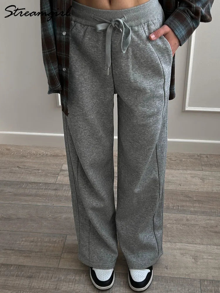 Pantalones de chándal grises para mujer, otoño, cintura alta, joggers, pantalones rectos, pantalones deportivos largos de mujer negros, otoño, pierna ancha