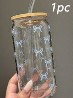 1/2pcs Pink Bow Glass Cup with Bamboo Wood Lid and Straw