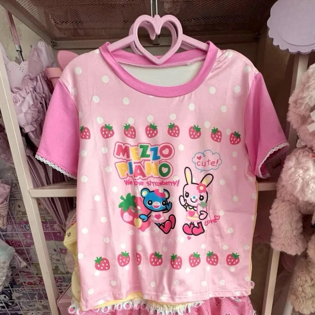Blusa Estampada Kawaii Sweet Lolita para Mujer Manga con Volantes Encaje Camiseta con Ribete de Lazo Decoración Personaje de Dibujos Animados Estampado Integral Top Lindo