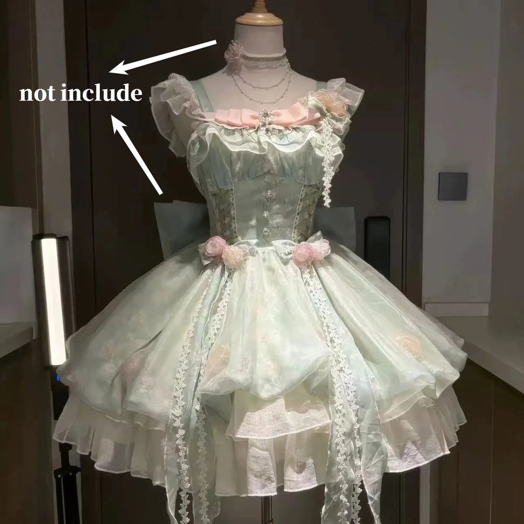 Vestido Lolita Elegante Dulce Estampado de Frutas Kawaii Vestido de Princesa de Manga Corta para Mujer Lindo Lazo Cuello Peter Pan Vestido de Fiesta para Chicas Atrevidas