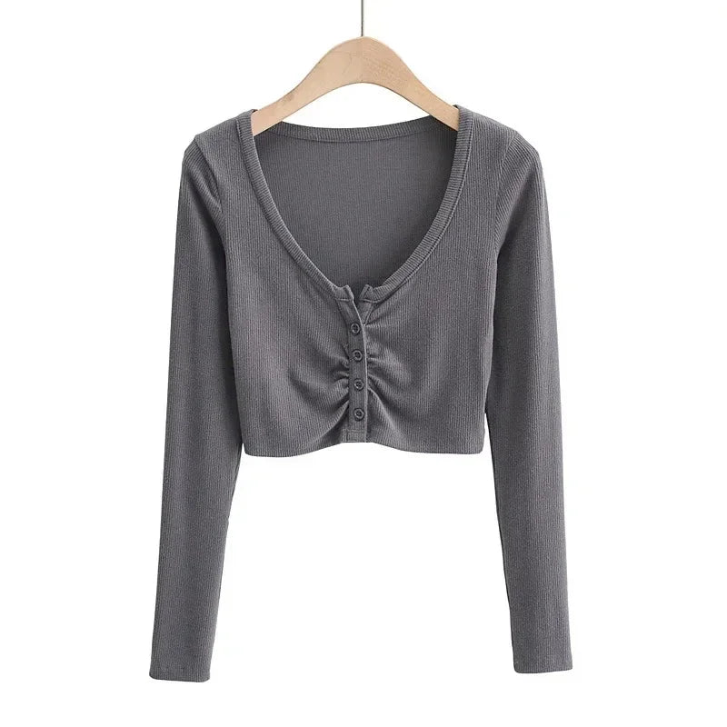 Slim Fit V-neck Long Sleeve Crop Top