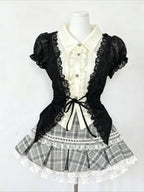 Lace Bow Blouse + Cami Top + Plaid Ruffle Mini Skirt Set