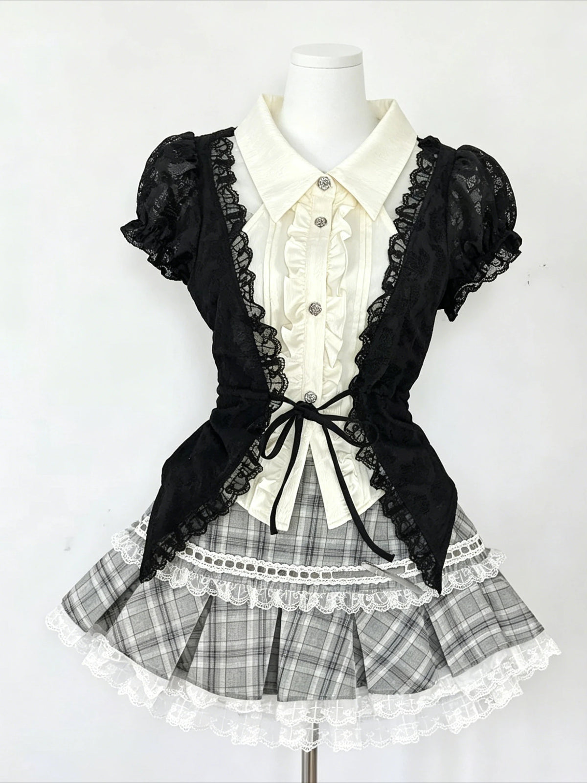 Lace Bow Blouse + Cami Top + Plaid Ruffle Mini Skirt Set