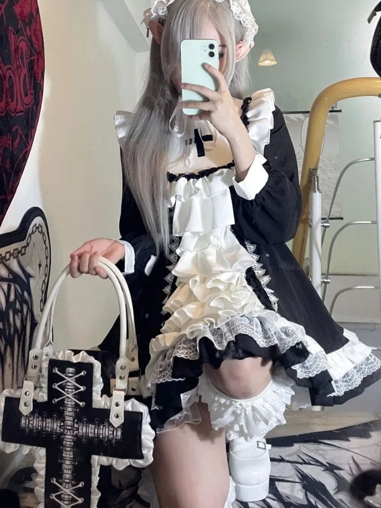 Ruffled Fairy Sweet Long Sleeve Dress Kawaii Lolita Lace Patchwork Dresses Y2k Aesthetic Ball Gown Contrast Color  Robe Women