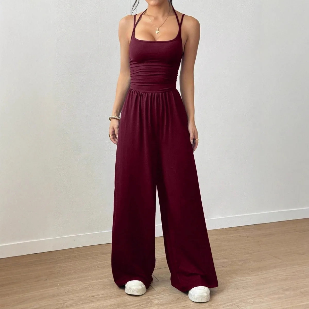 Solid Color Double-Strap Relaxed-Fit Jumpsuit