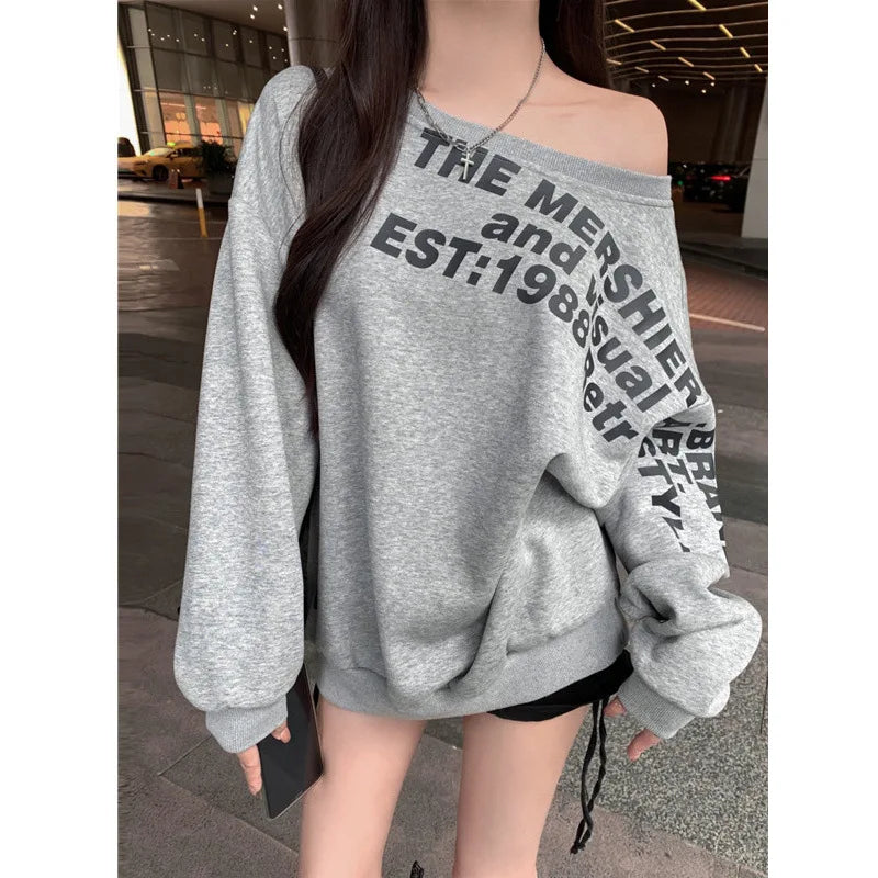 Letter Print Off-Shoulder Long Sleeve Top