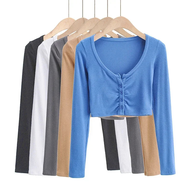 Slim Fit V-neck Long Sleeve Crop Top