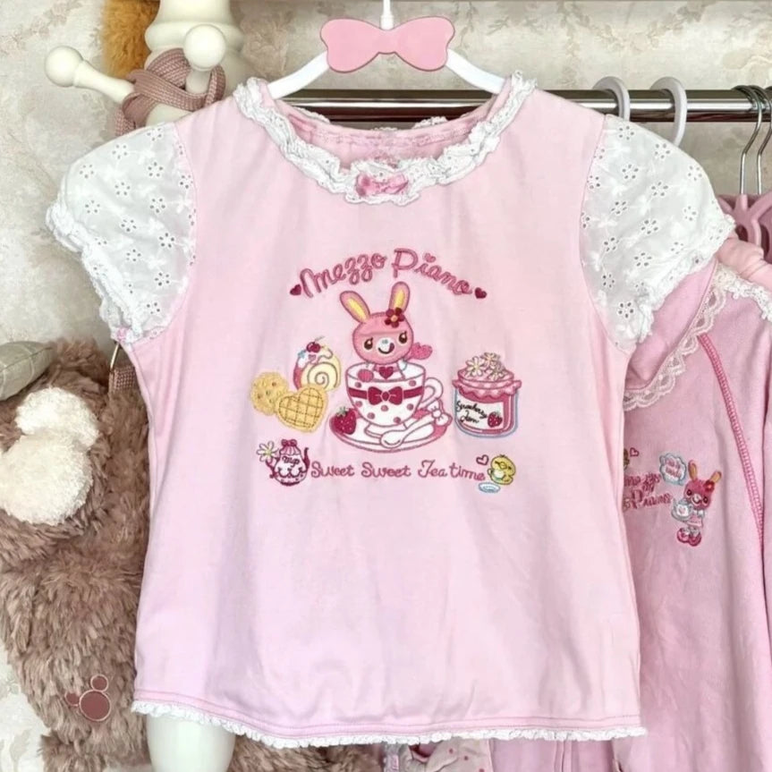 Blusa Estampada Kawaii Sweet Lolita para Mujer Manga con Volantes Encaje Camiseta con Ribete de Lazo Decoración Personaje de Dibujos Animados Estampado Integral Top Lindo