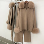 Chaqueta de piel Reality Jersey, cuello de piel de zorro real, otoño invierno, traje de jersey para mujer, jerséis de piel de mapache, conjunto de pantalones para mujer