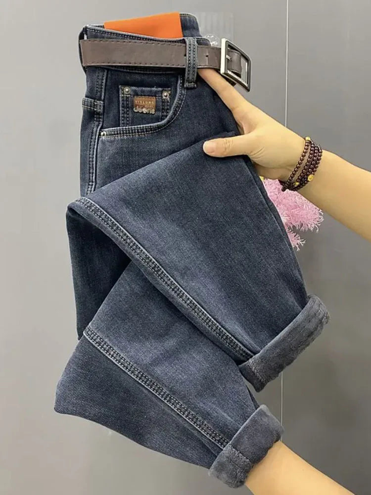 Otoño Invierno Jeans Rectos de Cintura Alta para Mujer, Pantalones Vaqueros Haren Elásticos de Ajuste Holgado, Pantalones Vaqueros Vintage Hasta el Tobillo para Mujer 5XL