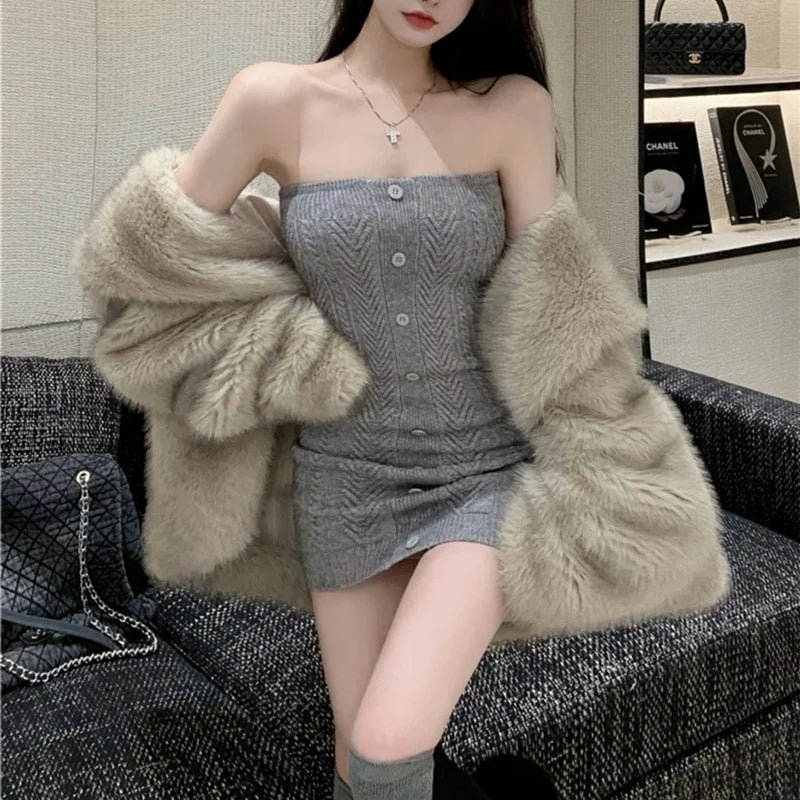 Off-Shoulder Button-Front Tube Mini Dress