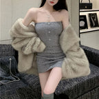 Off-Shoulder Button-Front Tube Mini Dress