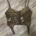 3-Piece Mocha Brown Lace Corset, Flare-Sleeve Tie-Front Shrug & Grommet Belt Tiered Mini Skirt Set