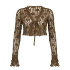 3-Piece Mocha Brown Lace Corset, Flare-Sleeve Tie-Front Shrug & Grommet Belt Tiered Mini Skirt Set