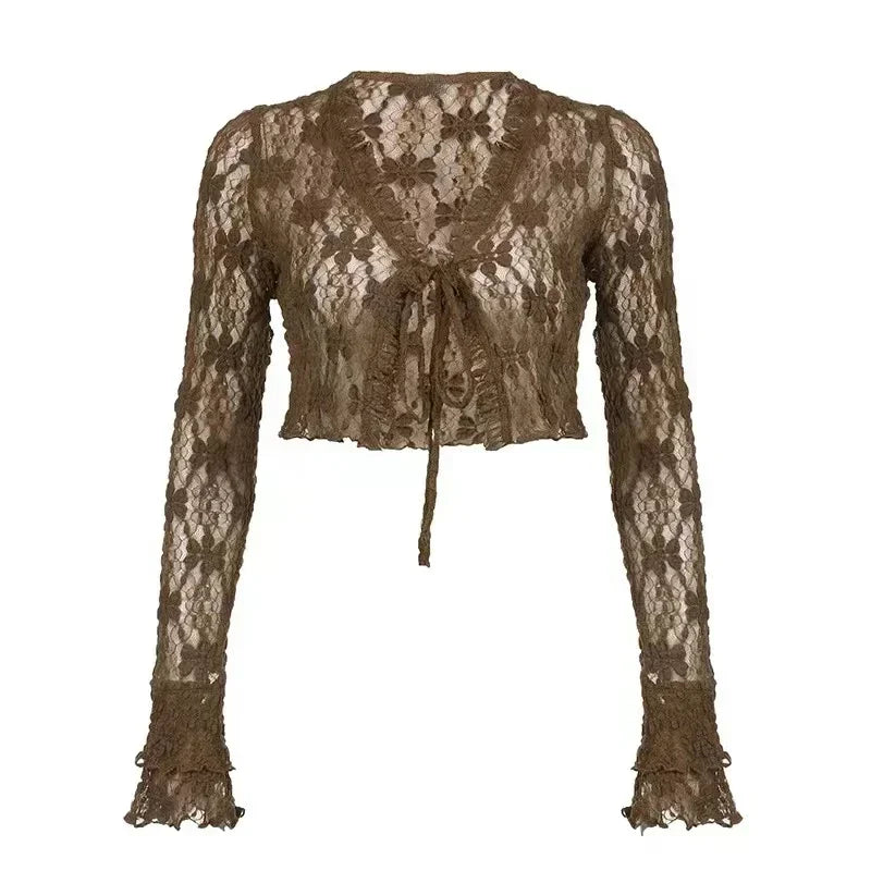 3-Piece Mocha Brown Lace Corset, Flare-Sleeve Tie-Front Shrug & Grommet Belt Tiered Mini Skirt Set