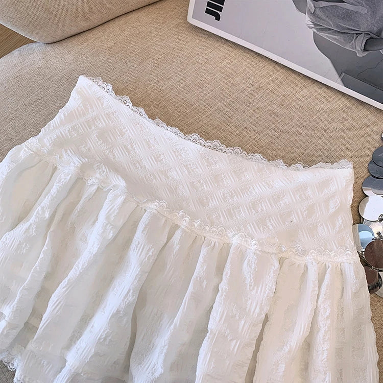 Minifalda de talle bajo Y2K con volantes escalonados y encaje, falda corta blanca de verano para mujer, adolescente, conjunto femenino estilo Barbiecore