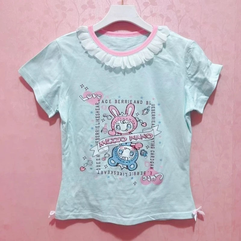 Blusa Estampada Kawaii Sweet Lolita para Mujer Manga con Volantes Encaje Camiseta con Ribete de Lazo Decoración Personaje de Dibujos Animados Estampado Integral Top Lindo