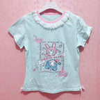 Blusa Estampada Kawaii Sweet Lolita para Mujer Manga con Volantes Encaje Camiseta con Ribete de Lazo Decoración Personaje de Dibujos Animados Estampado Integral Top Lindo
