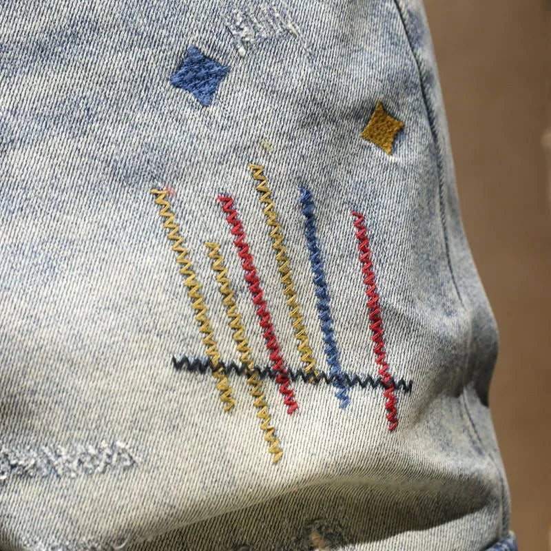 Printed Straight-Leg Stretch Sports Denim Shorts