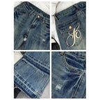 Jeans americanos retro de tiro bajo para mujer, otoño, nueva moda, bordado, temperamento, casual, ajustado, acampanado, estilo comodín.