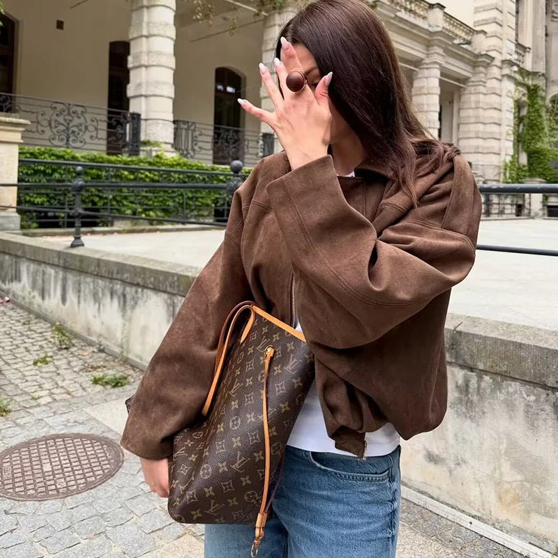 Loose Fit Zippered Turn-Down Collar Jacket