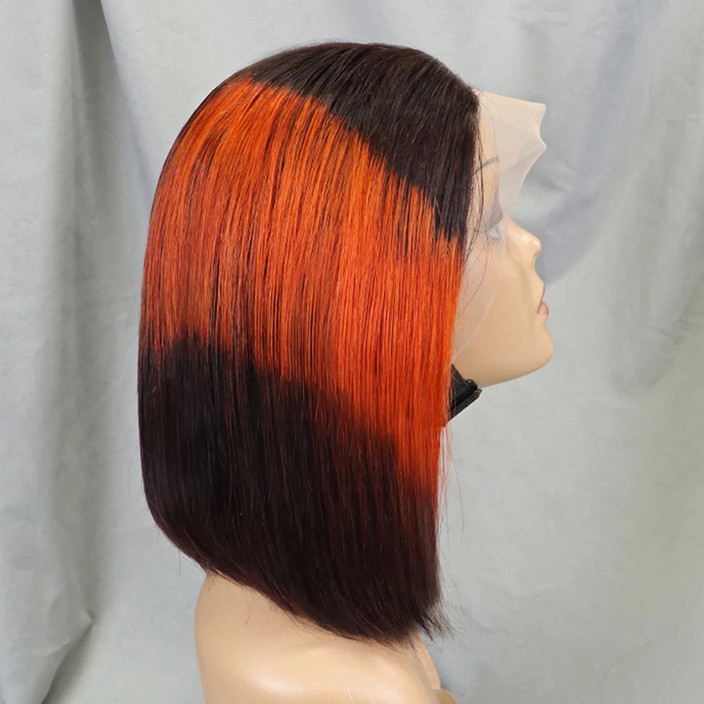200% Density Bob Straight Human Hair 13x4 Transparent Lace Frontal Human Hair Wigs 100% Human Hair Ginger 99J Colored Wig