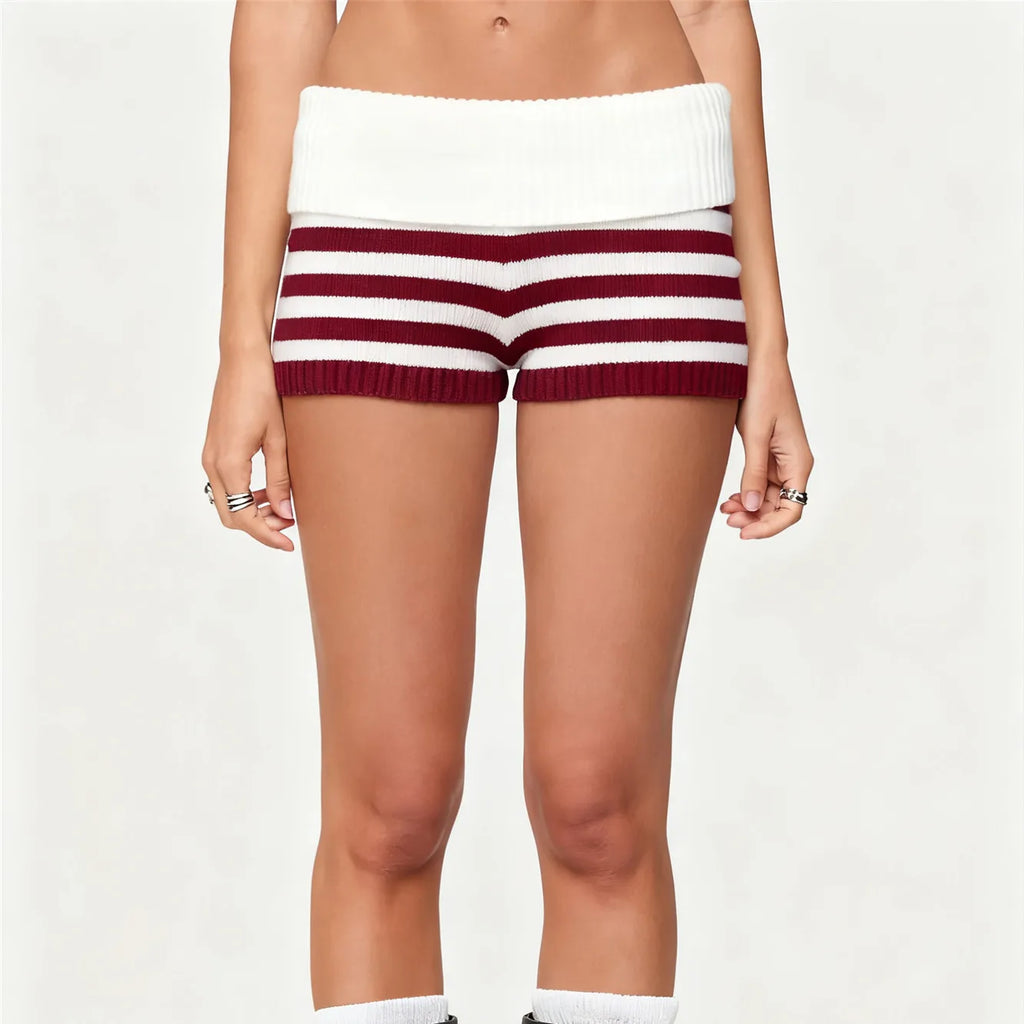 Pantalones cortos de punto a rayas para mujer, de microfibra, para verano, con cintura elástica plegable, ajustados, tipo mini, Y2k, para estar en casa, pantalones cortos de punto, para vacaciones en la playa
